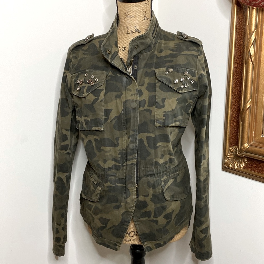PINK ENVELOPE Camouflage Teen Womens Jacket Zip Rhinestones Light Weight L Large